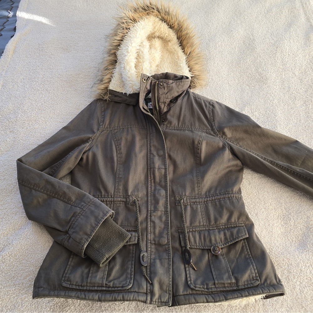 Arizona Jean Co Military Green Faux-Fur Hood Sherpa-lined Utility Jacket Jr's L
